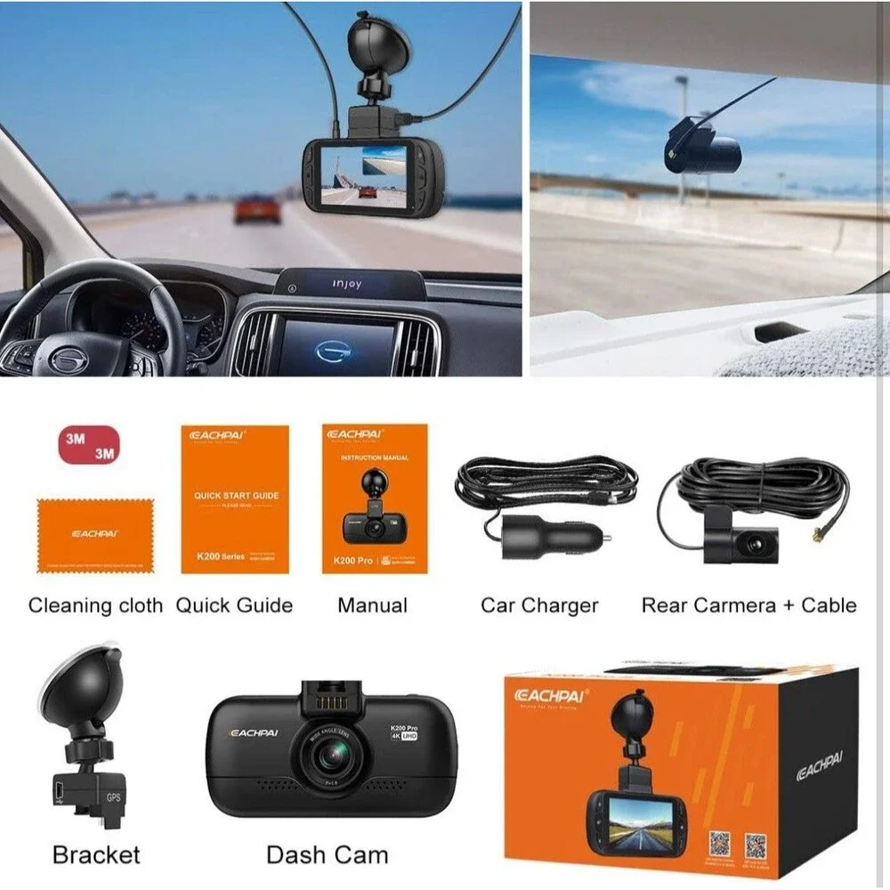 4K Dash Cam Dual Front & Back Camera UHD WiFi Night Vision GPS EACHPAI K200 Pro